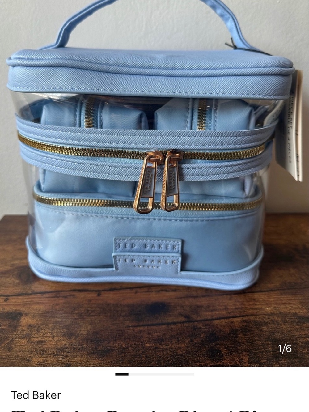 Ted Baker Light Blue Clear Cosmetic Carry Case with Gold Zippers